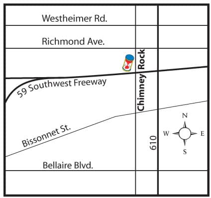 Map: the shop is on the Southwest Freeway (59) just west of Chimney Rock, between Richmond Ave and Bissonnet St